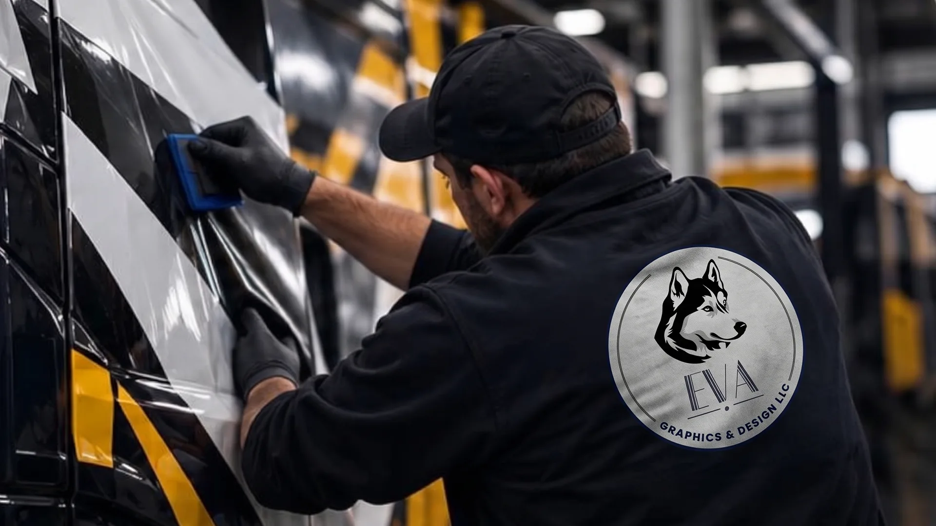 Professional graphics installer applying film to a commercial vehicle