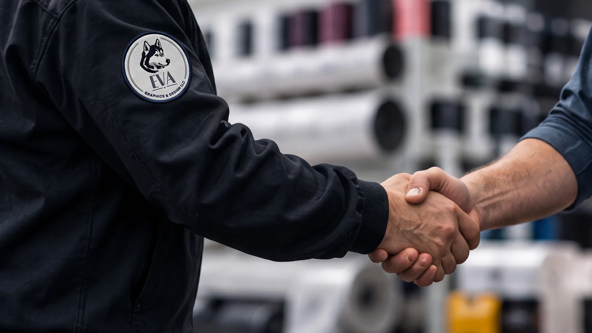 Professional handshake representing the partnership between EVA and print providers